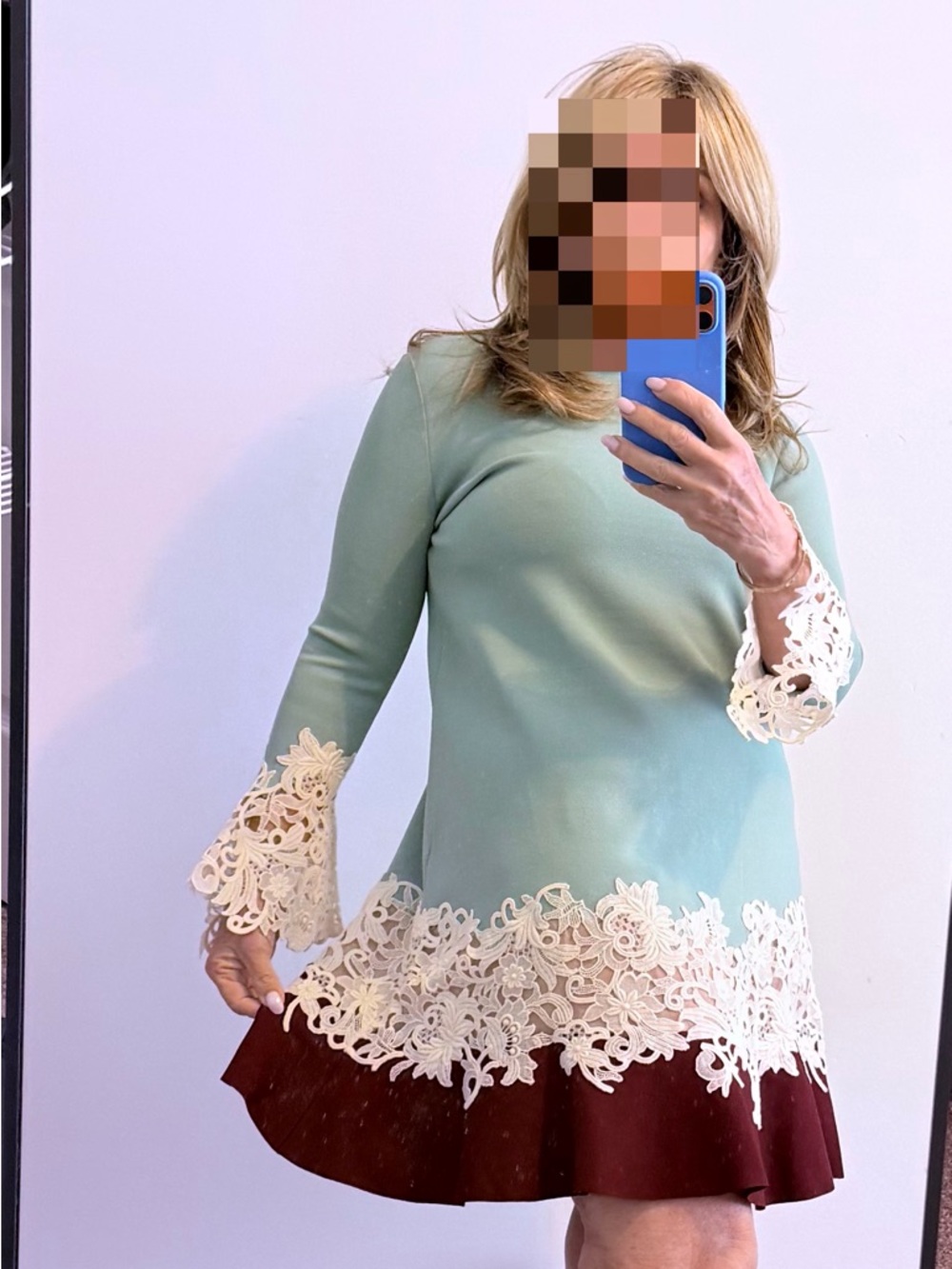 Valentino Mint Green, Ivory & Wine Lace-Trim Mini Dress